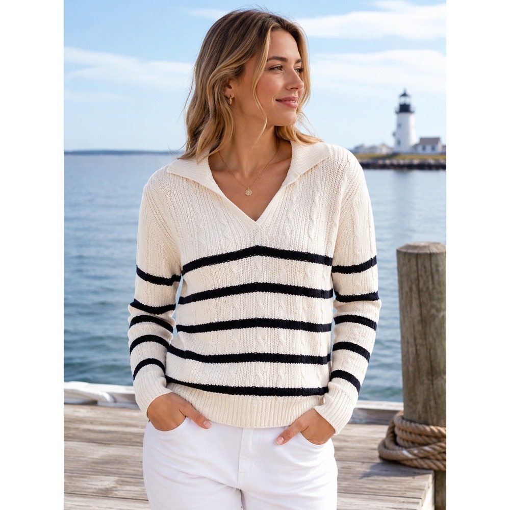 Liz Claiborne Striped Cable Knit Sweater L Coastal‎ Grandmother Nautical Chic